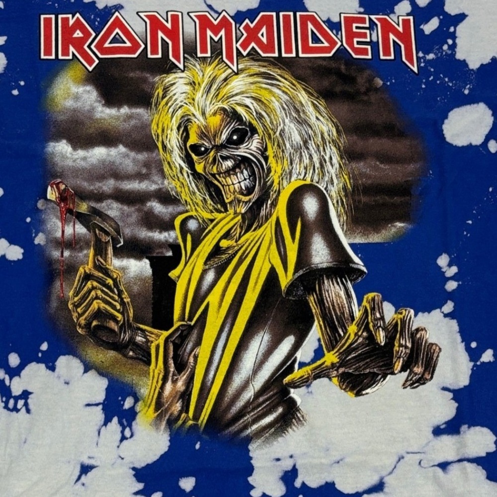 Iron Maiden Eddie Blue Bleached Tie Dye Graphic T-Shirt Heavy Metal‎ Mens M